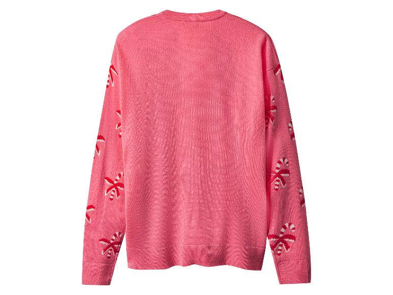 Pull de Noël rose avec motif de cannes à sucre et de nœuds, vue arrière.
