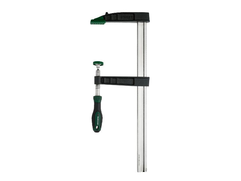 Serre-joint à barre en métal et plastique noir et vert.