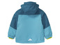 Une veste imperméable bleue avec capuche pour enfant.