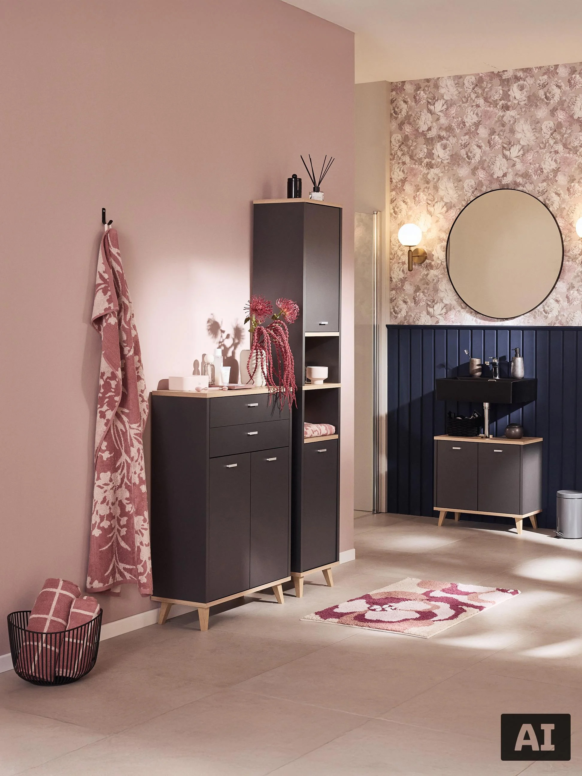 Meubles de salle de bain modernes dans les tons rose et gris foncé.