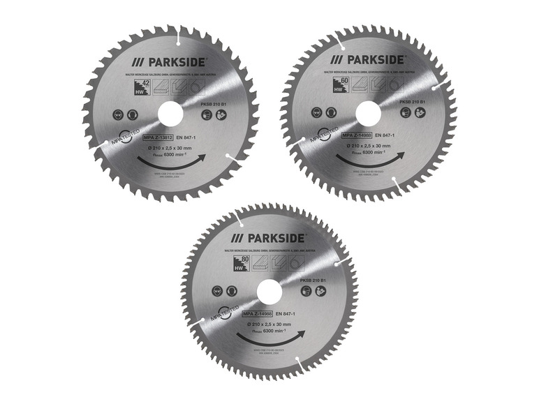 Trois lames de scie Parkside pour bois, diamètre 210 mm.