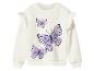 Sweat-shirt blanc à manches longues avec épaules à volants et imprimé papillons violets