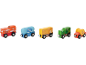 Cinq wagons de train en bois : locomotive orange, citerne bleue avec du lait, wagon jaune avec du blé, wagon vert avec des bananes et wagon rouge avec du miel.