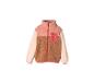 Veste polaire teddy color block pour enfants en rose, marron et crème avec une fermeture éclair rouge.