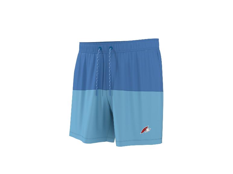 Short de bain bicolore bleu avec cordon de serrage et logo sur la jambe.