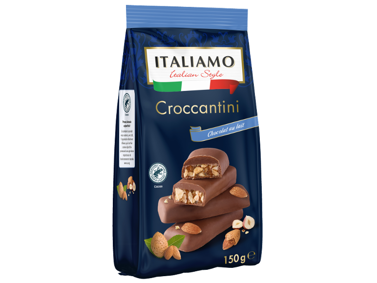 Paquet bleu de chocolat au lait croquant aux amandes et noisettes, 150g.