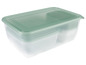 Un ensemble de boîtes de rangement en plastique transparent avec des couvercles verts.