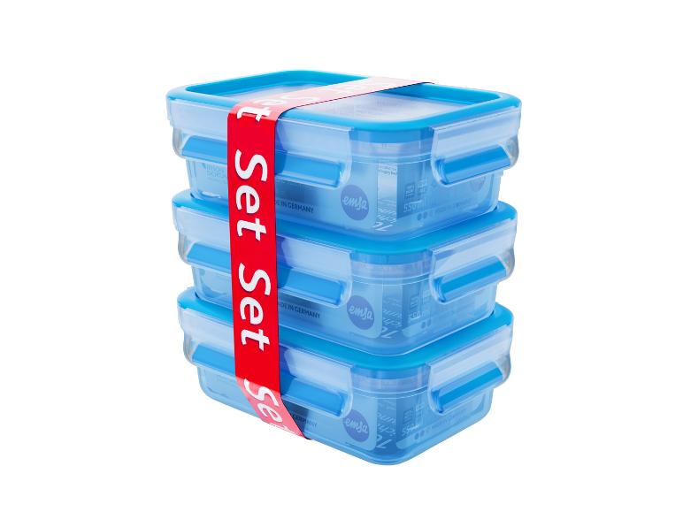 Trois récipients alimentaires bleus empilés avec une bande rouge indiquant « Set ».