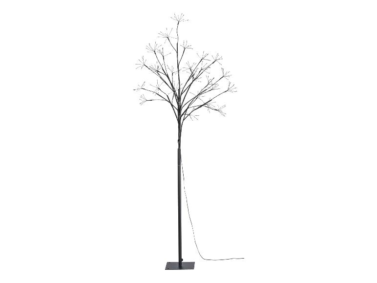 Arbre décoratif LED avec branches noires et base, alimenté par câble.