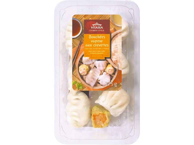 Un paquet de bouchées vapeur chinoises aux crevettes avec sauces, 275g.