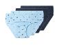 Trois culottes pour filles : deux bleu marine et une bleu clair à motifs cœurs.