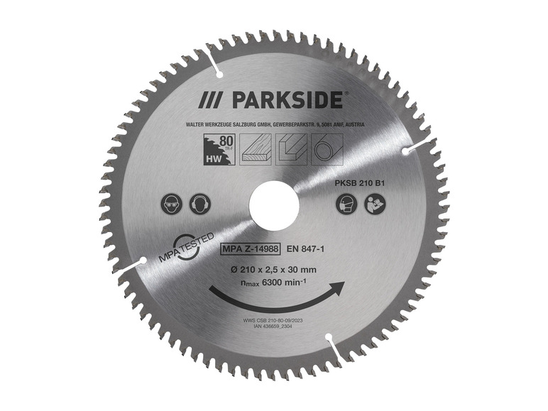 Une lame de scie Parkside pour le bois, d'un diamètre de 210 mm.