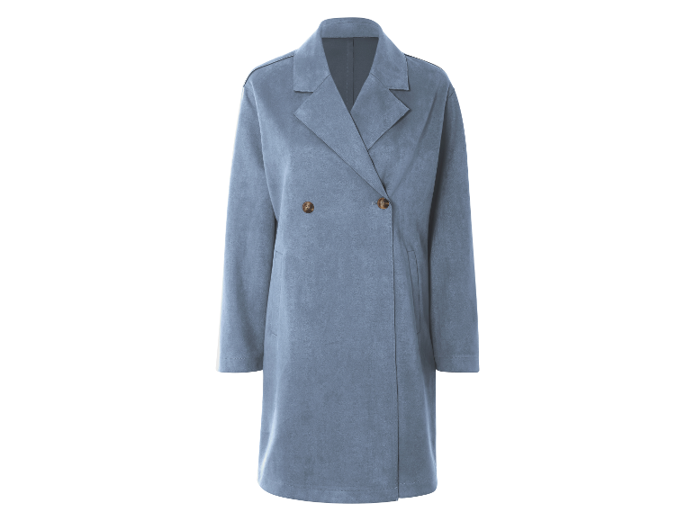 Manteau long en daim bleu clair à double boutonnage.