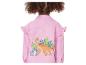 Veste en jean rose pour enfant avec imprimé dinosaures et feuilles tropicales au dos.