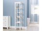 Une armoire de salle de bain blanche avec cinq étagères, remplie de serviettes et autres accessoires de salle de bain.