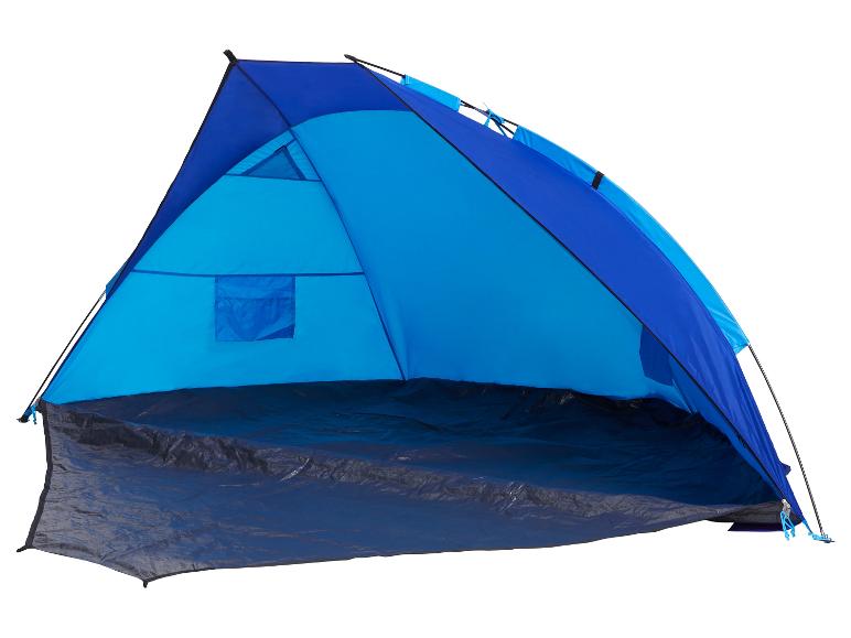 Tente bleue et noire pour le camping ou la plage.