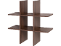 Étagère modulaire en bois marron avec plusieurs compartiments sur fond noir.