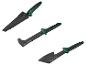 Trois outils de jardinage Parkside : une pelle, une hache et une houe.
