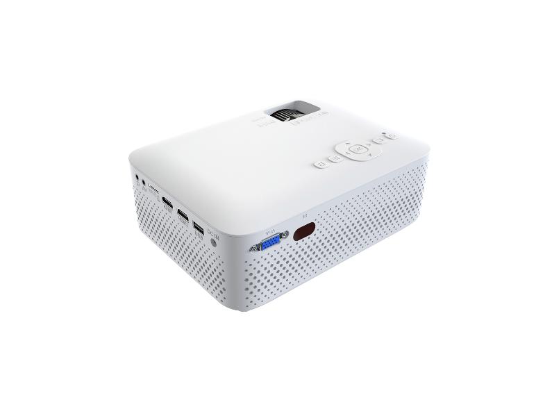Projecteur blanc avec plusieurs ports et commandes sur le dessus.