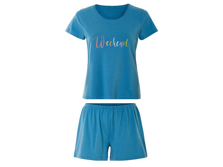 Pyjama court bleu : haut avec inscription « Weekend » et short assorti.