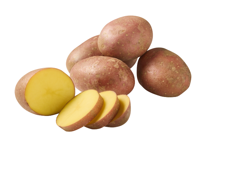 Pommes de terre rouges entières et tranchées à chair jaune.