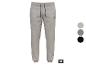 Pantalon de jogging gris pour homme avec cordon de serrage et logo, disponible en trois couleurs.