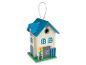 Nichoir en bois avec toit bleu, fenêtres et l'inscription 'home sweet home'.