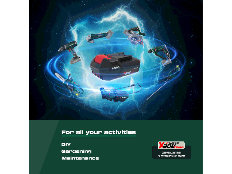 Batterie et divers outils, dont perceuse, scie et tondeuse, pour le bricolage, le jardinage et l'entretien.