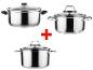 Ensemble de trois casseroles inox avec couvercles.