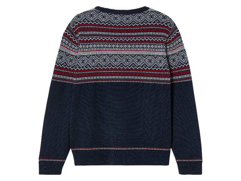 Un pull bleu marine avec un motif scandinave rouge et blanc.