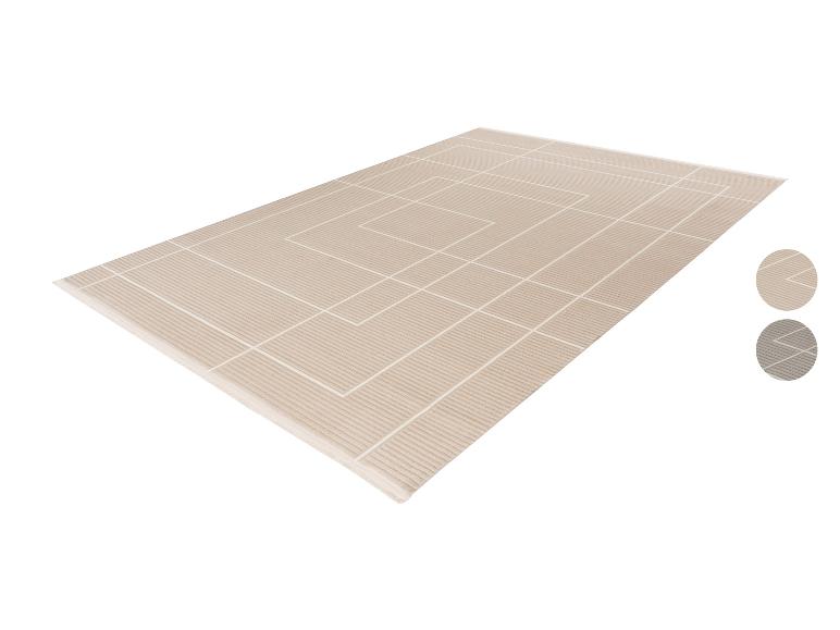 Tapis rectangulaire beige avec motif géométrique blanc, avec échantillons de couleur