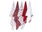 Cinq torchons de cuisine rouges et blancs avec divers motifs.