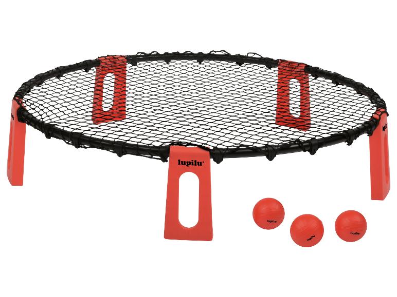Ensemble de volley-ball de plage avec filet et trois ballons.