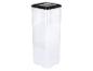 Conteneur de stockage alimentaire haut en plastique transparent avec couvercle noir.