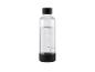 Bouteille transparente avec de l'eau gazeuse, bouchon noir et base noire, avec marques de niveau MAX et MIN.