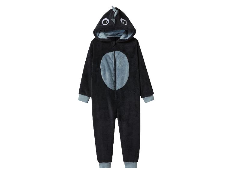 Pyjama une pièce noir à capuche avec détails de dinosaure et ventre gris.