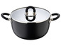 Une casserole noire avec un couvercle en verre.