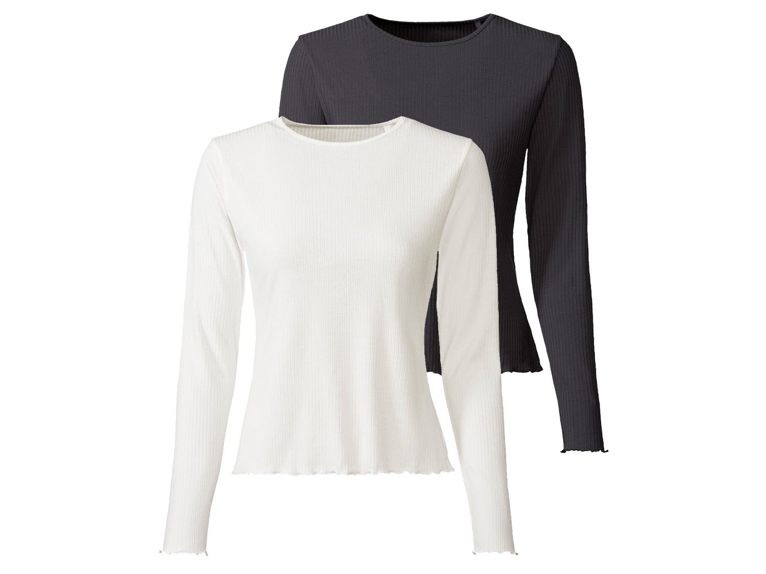 esmara® Lot de 2 t-shirts côtelés à manches longues femme (noir/blanc)