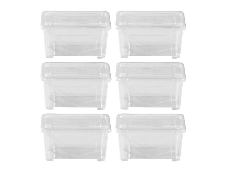 Six boîtes de rangement en plastique transparent avec couvercles, disposées en deux colonnes.
