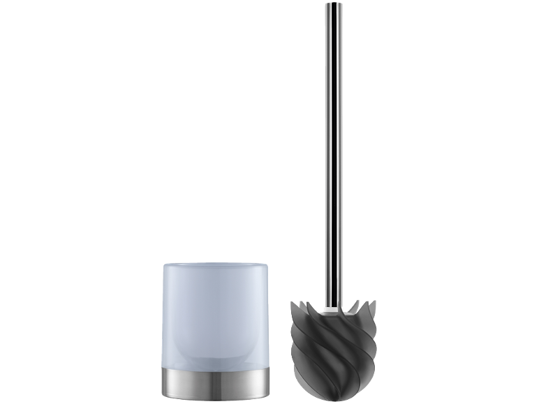 Brosse de toilette en silicone avec support en verre dépoli.