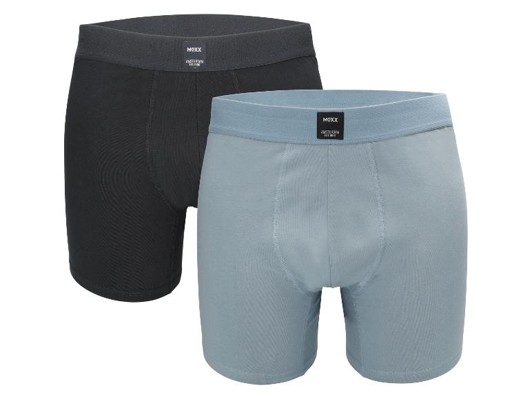 Deux boxers en coton pour hommes, un noir et un bleu clair, avec des ceintures élastiques.