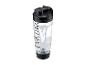 Shaker transparent avec bouchon et base noirs, rempli d'eau en tourbillon.