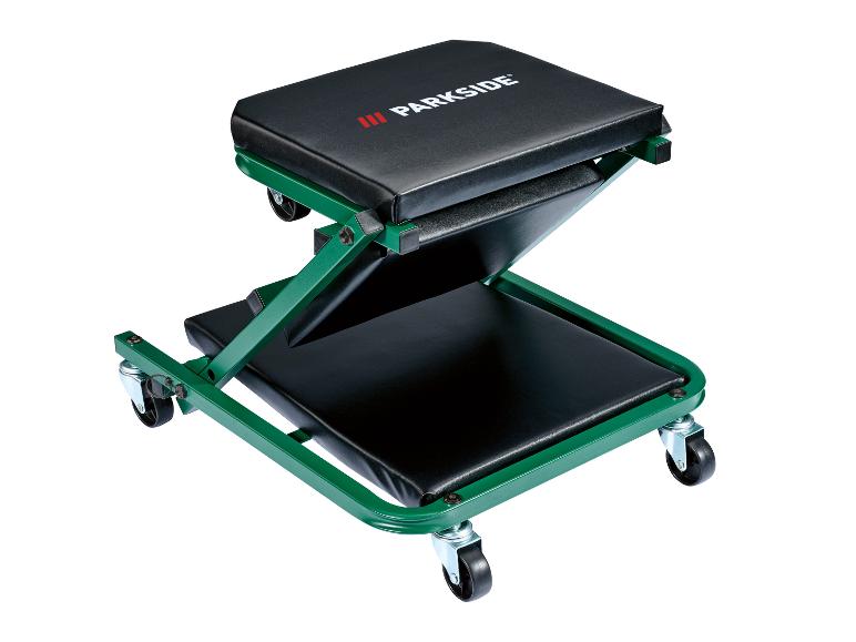 Siège et couchette d'atelier roulants Parkside 2 en 1, vert et noir.