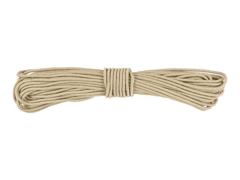 Corde beige enroulée, soigneusement attachée au centre.
