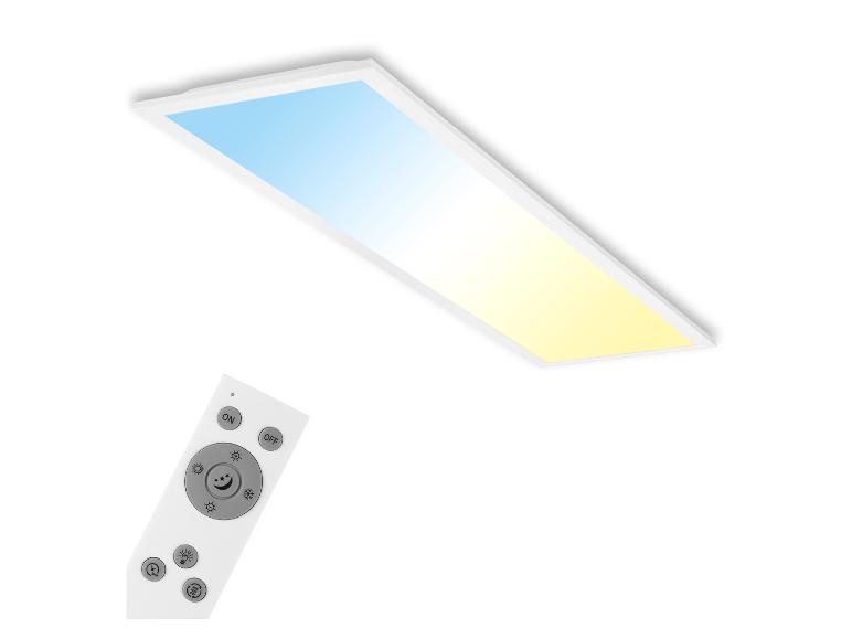 Un panneau lumineux LED rectangulaire avec télécommande, affichant une température de couleur réglable.