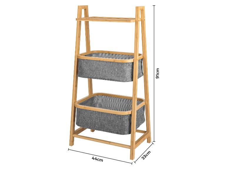 Étagère en bambou avec deux paniers en tissu gris, mesurant 91x44x33cm.