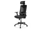 Un fauteuil de bureau noir avec un dossier en maille et un appui-tête.