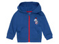 Un sweat à capuche bleu avec fermeture éclair pour bébé avec un dinosaure.