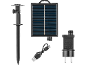 Panneau solaire avec piquet de terre, câble USB et adaptateur secteur pour lumières extérieures.