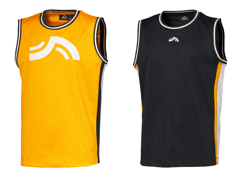 Deux maillots de basket Crivit, un jaune et un noir.